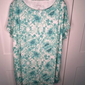 Susan Graver NWT Aqua Lime Floral Lined Short Sleeve Blouse Women's Plus Size 2X